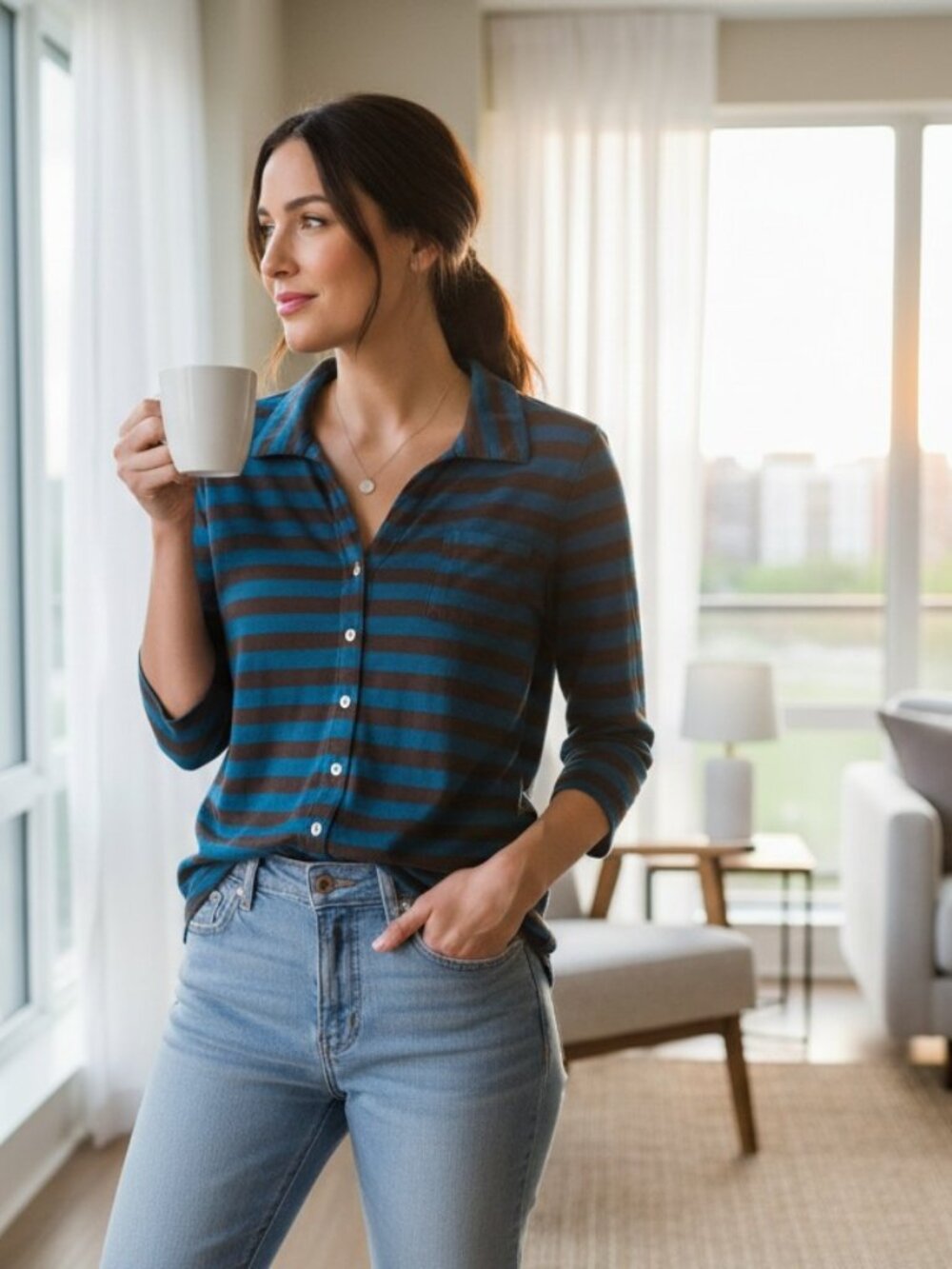 👉 Blue Striped Button Front Top